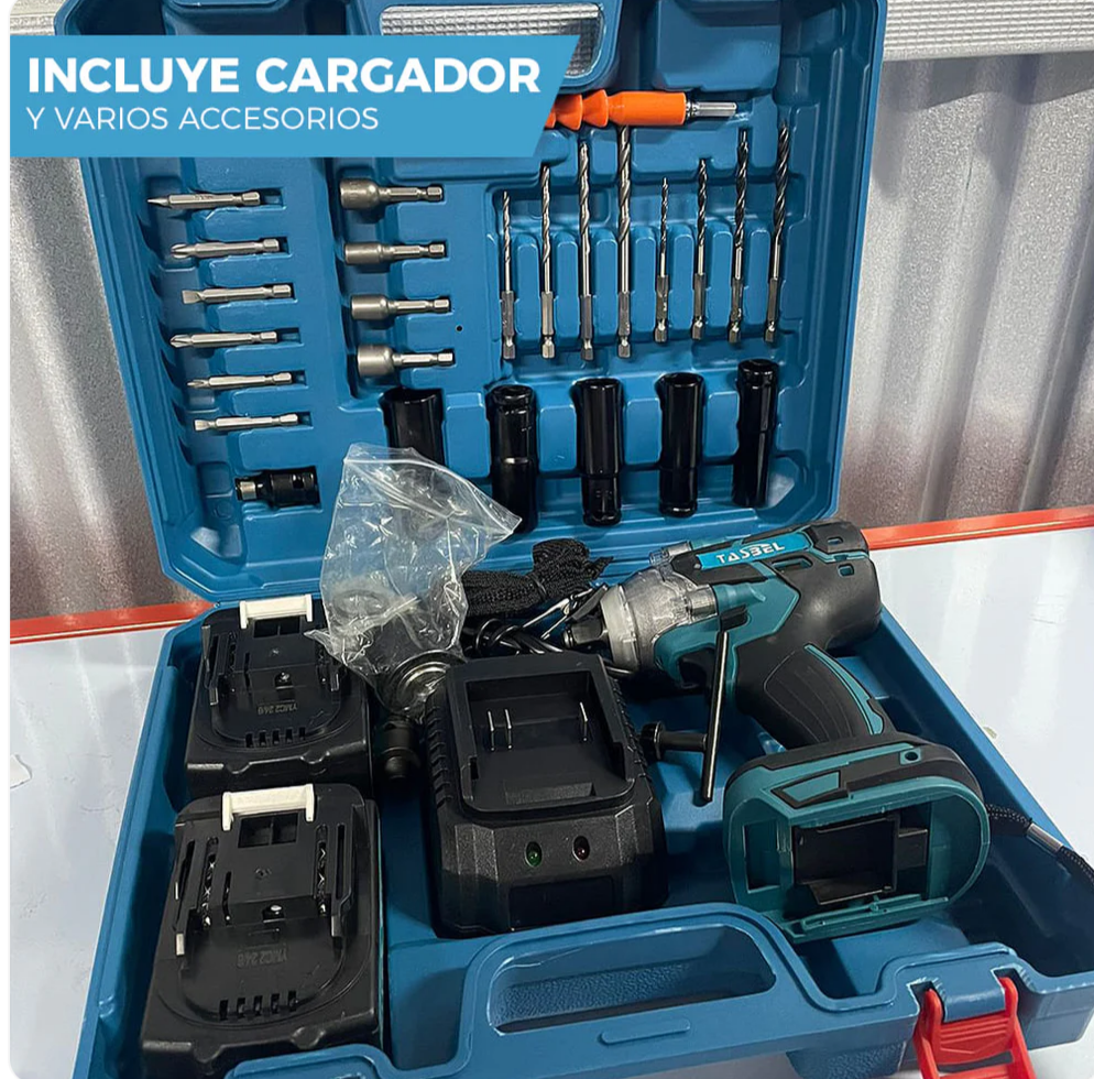 llave de impacto Tasbel 2 baterías 98v + accesorios